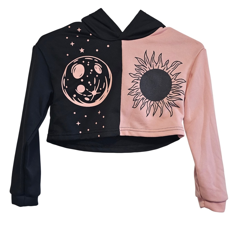 Celestial Sun and Moon Split Colorblock Cropped Hoodie Black Pink Long Sleeve